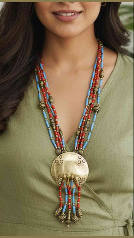 Tibetan Coral, Turquoise, Lapis Lazuli Sterling Silver Necklace With Pendent