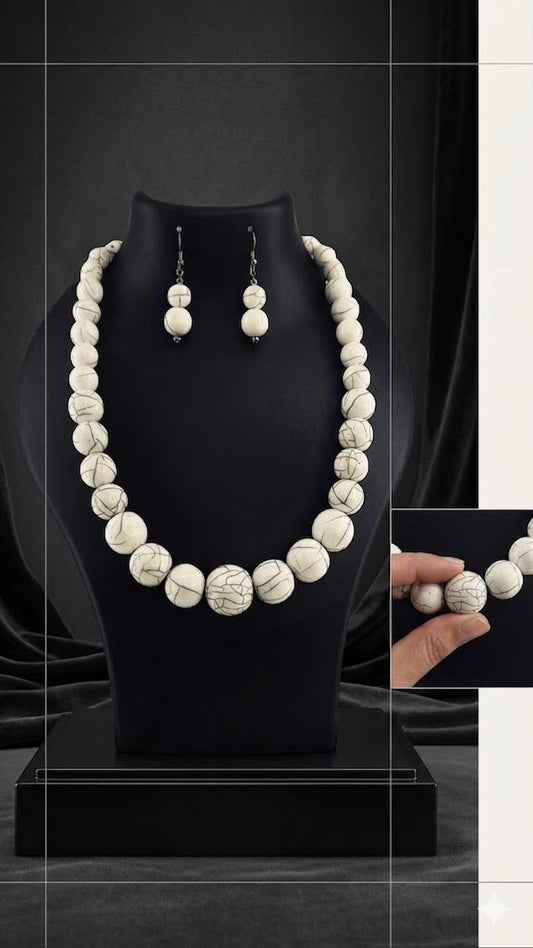 White Ball Beaded Necklace With Earring