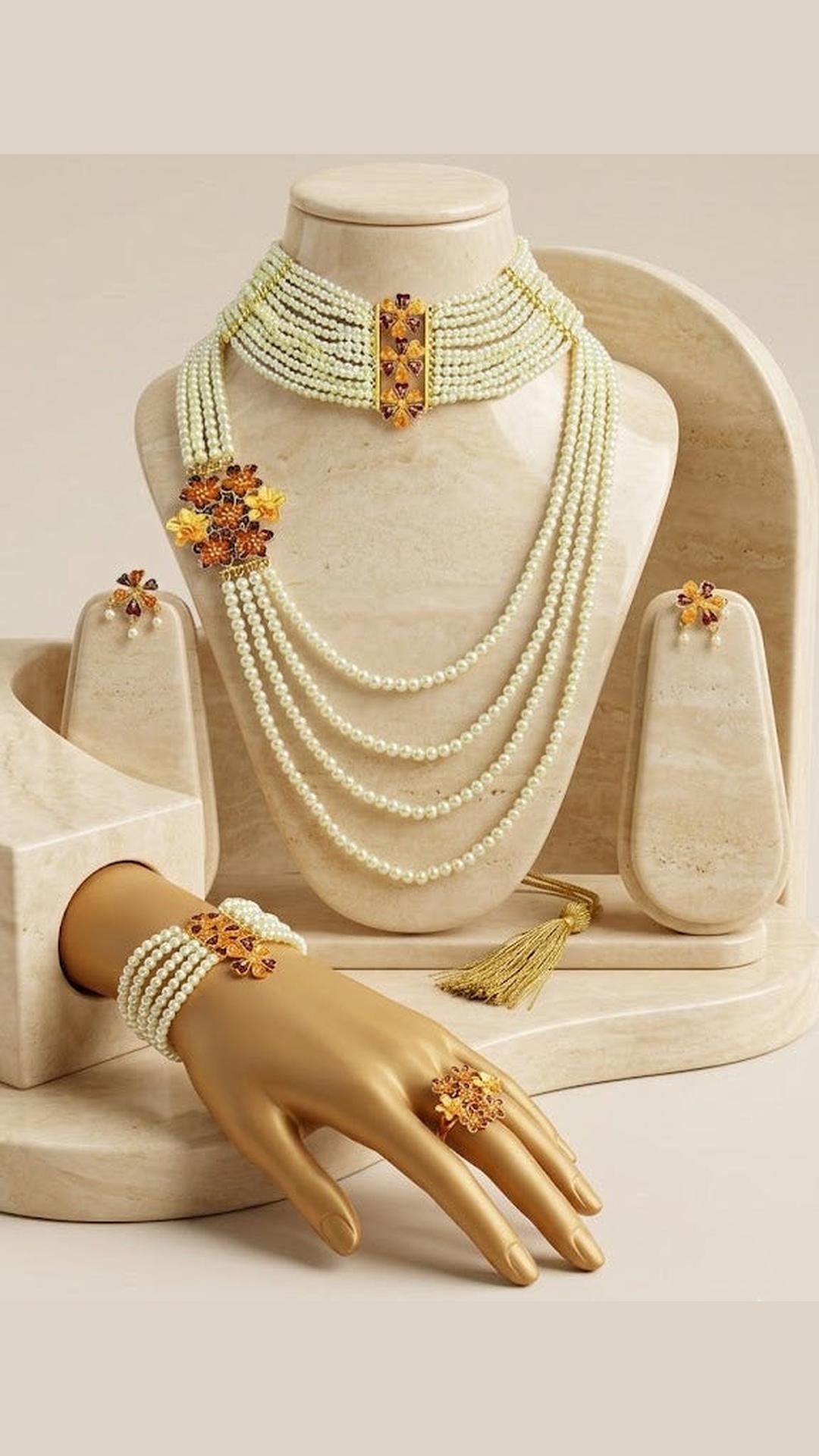 Moti Gold Plated Necklace Set With Free Mantasha Bracelet & Adjustable Finger ring